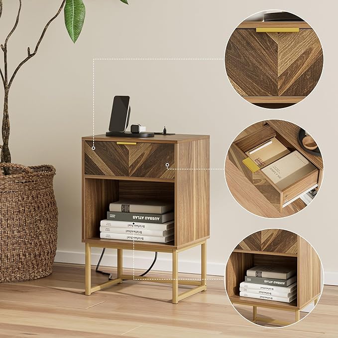 Masupu Extra Large Nightstand with Charging Station,Boho Night Stand Modern Farmhouse Wood Bedside Table with Storage Drawer and Open Shelf,Side End Table for Bedroom,Living Room,Office Brown