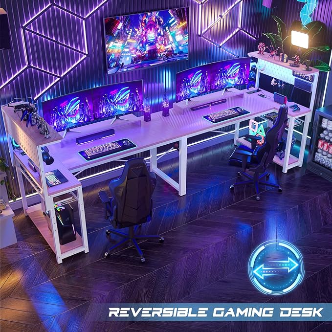 Homieasy Small Gaming Desk with Power Outlets Pegboard LED Light, 51 Inch L Shaped Computer Desk with Monitor Stand Storage Shelves, Reversible Corner Desk with Headset Hooks, Carbon Pink