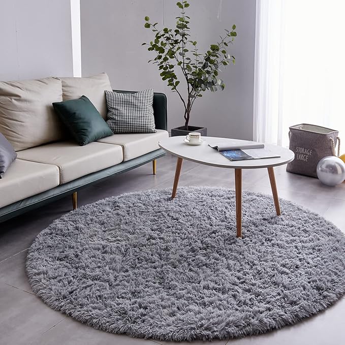 FJZFING Grey Round Rug Ultra-Soft Plush Modern 6x6 Circle Area Rug for Kid's Bedroom, Fluffy Shag Circular Rug for Nursery Room, Non-Slip Home Decor Cute Grey Carpet for Teen's Room