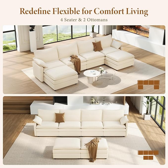 Vesgantti 142" U Shaped Sectional Couch, Comfy Cloud Modular Sectional Sofa with 2 Ottoman Deep Seat Corduroy Modern Cloud Sofa, Modular Sofas for Living Room, Bedroom and Apartment, Beige