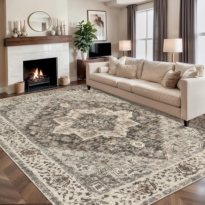 Tangsoo 5x7 Area Rug Washable Rug for Living Room, Vintage Indoor Non Slip Large Area Rugs, Print Distressed Brown/Grey Carpet, Soft Low Pile Foldable Floor Rug for Bedroom Dining Room Dorm
