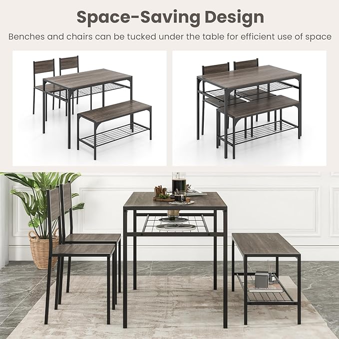 Tangkula Dining Table Set for 4, Kitchen Table and 2 Chairs for 4 with Bench, Additonal Storage Rack, 4 Piece Dining Table Set for Small Space, Apartment