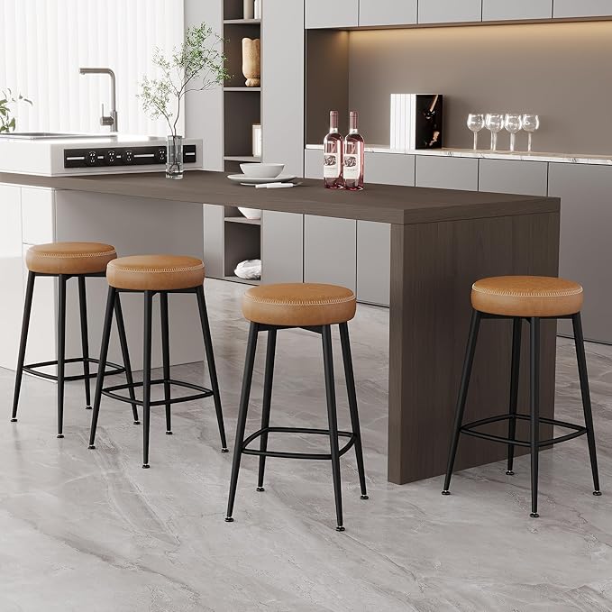 Counter Height Bar Stools, 26" H Backless Bar Stools Set of 8, Upholstered Faux Leather Kitchen Counter Stools, Mid Century Modern, Kitchen Island Home Bar, Pub, Caramel Brown