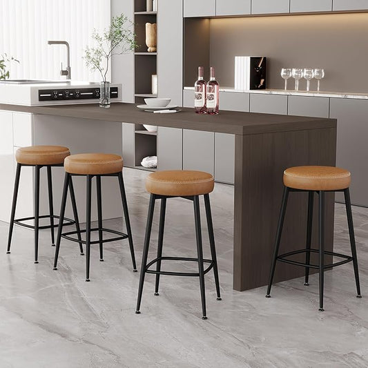 Counter Height Bar Stools, 26" H Backless Bar Stools Set of 4, Upholstered Faux Leather Kitchen Counter Stools, Mid Century Modern, Kitchen Island Home Bar, Pub, Caramel Brown