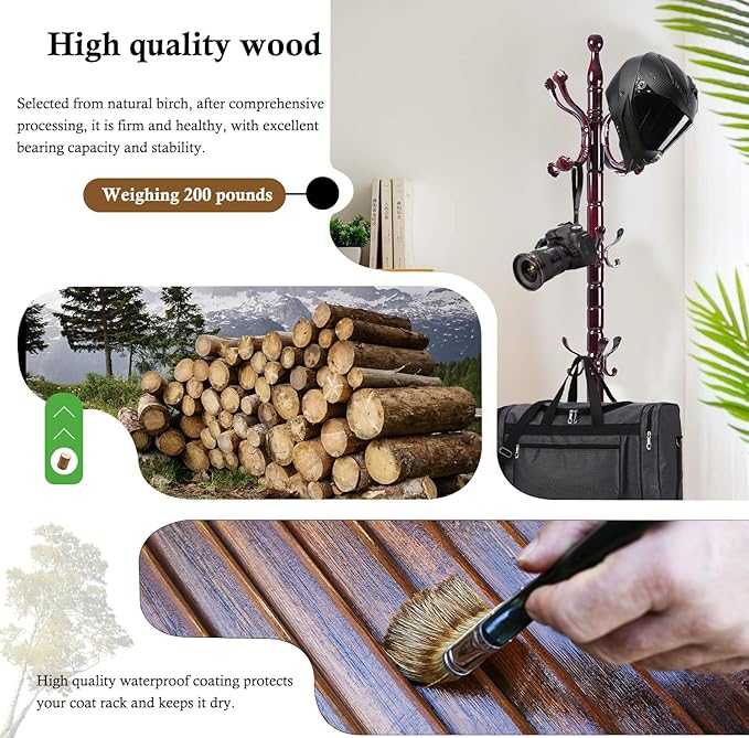 Coat Rack Stand, Solid Wooden Coat Tree with 14 Hooks, Heavy Duty Coat Rack Freestanding with Sturdy Round Base, Natural Birch Wood Coat Hanger Stand for Entryway Bedroom (Ruyi)
