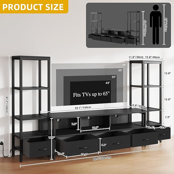 DWVO Entertainment Center with Bookshelves, LED TV Stand for 65/60 inch TV, Black TV Stand for Living Room with 2 Modern 4-Tier Bookshelves & Power Outlets, Black