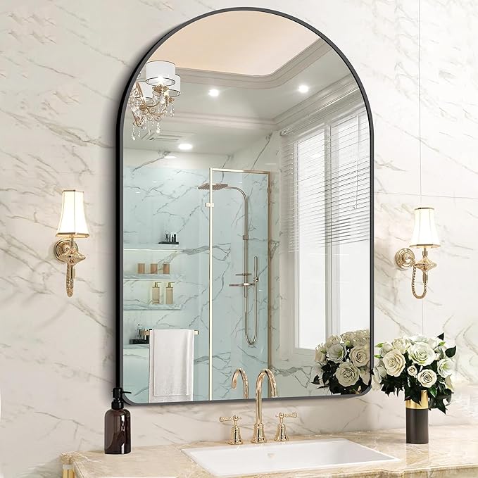 FORBATH Arched Mirror 32x48 Inch, Bathroom Mirror Wall Mounted Modern Black Aluminum Alloy Frame Decor Large Dresser Mirror for Bedroom Living Room Entryway, Hanging or Leaning Against Wall
