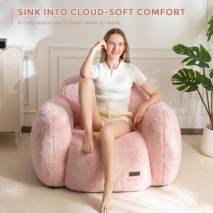 MAXYOYO Bean Bag Chair, Comfy Pebble Shaped Single Bean Bag Sofa for Adults, Stuffed Floor Sofa with Supportive Backrest & Armrests, Modern Faux Fur Accent Chair for Living Room & Bedroom, Pink