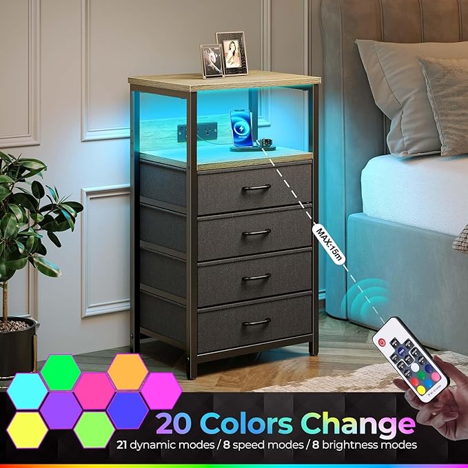 Seventable Night Stand with Charging Station, Tall Nightstand with 4 Fabric Storage Drawers, Side Table with LED Light for Bedroom, Entryway, Greige, Set of 2