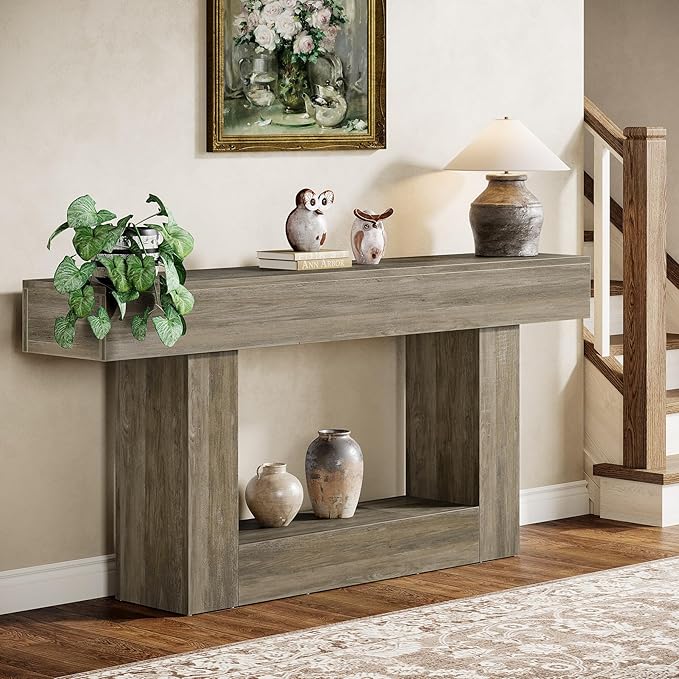 Tribesigns 63" Console Table, Farmhouse 2-Tier Entryway Table with U-Shaped Base, Narrow Long Wood Sofa Table Behind Couch Table for Living Room, Hallway, Foyer, Light Gray
