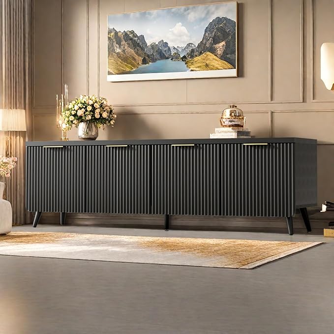 TV Stand for Up to 60" TVs, Modern Entertainment Center with 4 Cylindrical Stripe Doors, Media Console Table with Solid Wooden Legs, Modern TV Stand for Living Room, Bedroom, Black