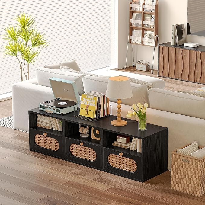 3-in-1 Modular TV Stand with Rattan Doors, DIY Media Console Boho Entertainment Center Modern TV Cabinet with Open Shelves,Black