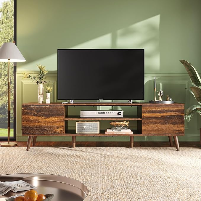 WLIVE TV Stand for 65 70 inch TV, Mid Century Modern TV Console, Entertainment Center with Storage for Living Room, Retro Brown