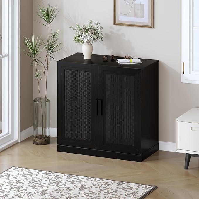 Buffet Cabinet, 2-Doors Sideboard Cabinet with Rattan Panels, Buffet Console Accent Table for Hallway Entryway Dining Room, 31", Black