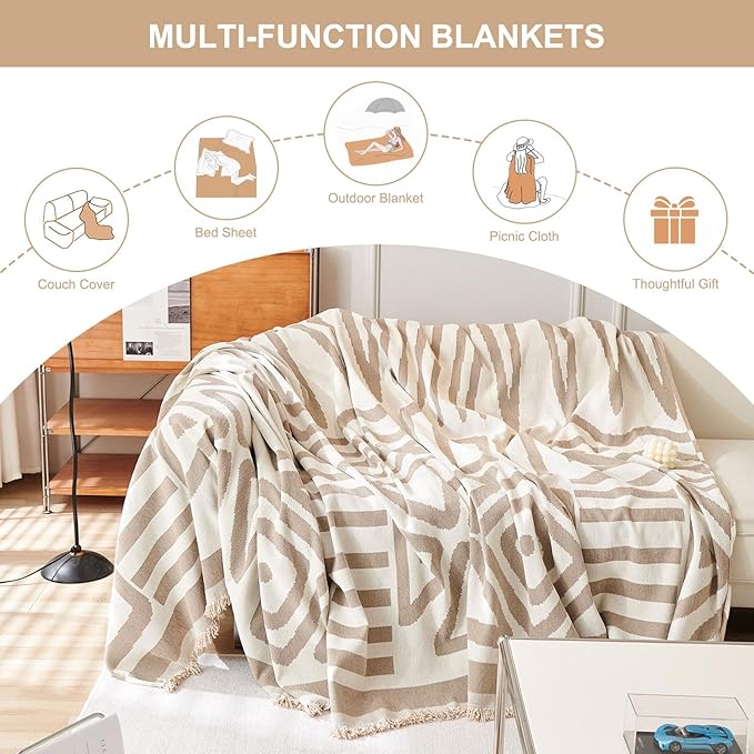 STACYPIK Khaki Beige Sofa Cover for Dogs Cats Boho Couch Cover for 3 Cushion Couch Soft Plaid Triangle Couch Cover Reversible Furniture Protector Loveseat Cover Non Slip Sectional Couch Cover-91X118IN