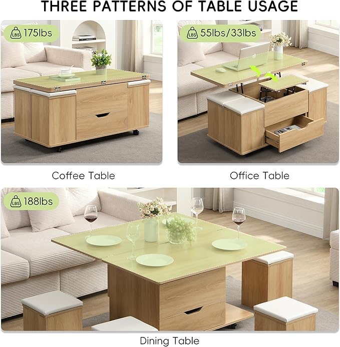 Merax Multi-Functional Lift-Top Coffee Table with Hidden Storage and Stools,Multi-Function Modern Center Table with 4 Stools and Casters,Perfect for Modern Living Spaces, Natural & White