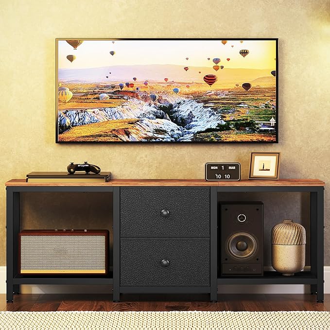 TV Stand for TVs up to 55", Entertainment Center with 2 Fabric Drawer, Media Console with Shelves, Television Stands for Living Room, Bedroom, Rustic Brown and Black DS02BR