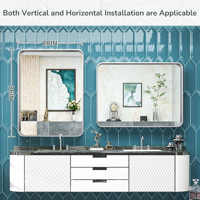 TokeShimi 28x36 Inch Brushed Silver Bathroom Vainty Mirror for Wall with Non-Rusting Aluminum Alloy Brushed Metal Frame for Modern Farmhouse Bedroom Living Room Decor (Horizontal/Vertical)