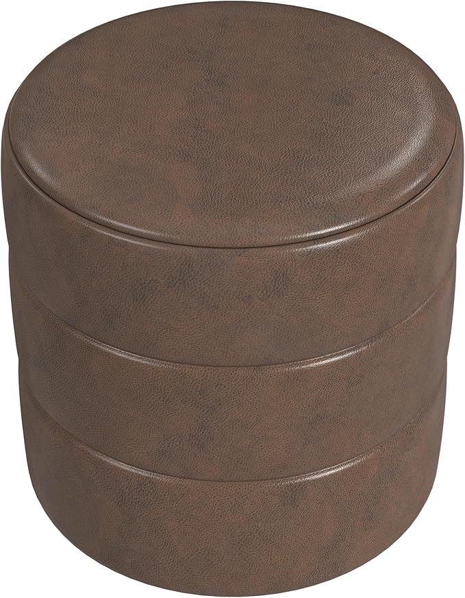 HomePop Upholstered Faux Leather Round Ottoman (No Lid, Seat Only) Home Décor | Round Pouf Foot Rest – Brown Faux Leather