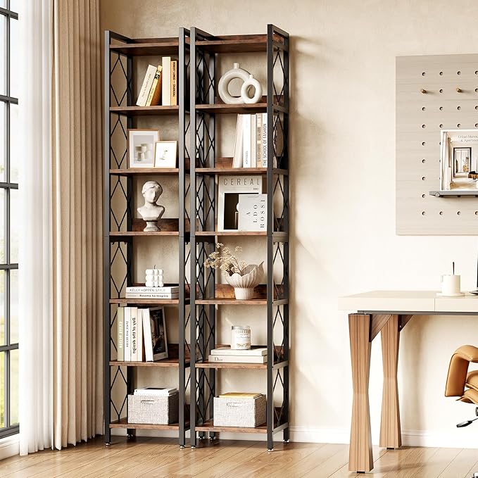LITTLE TREE Book Shelf Set of 2, 7-Tier Tall Bookcase, Wooden Display Shelves with Metal Frame for Living Room, Modern Narrow Standing Bookshelves for Bedroom, Brown Office Shelf for Small Spaces