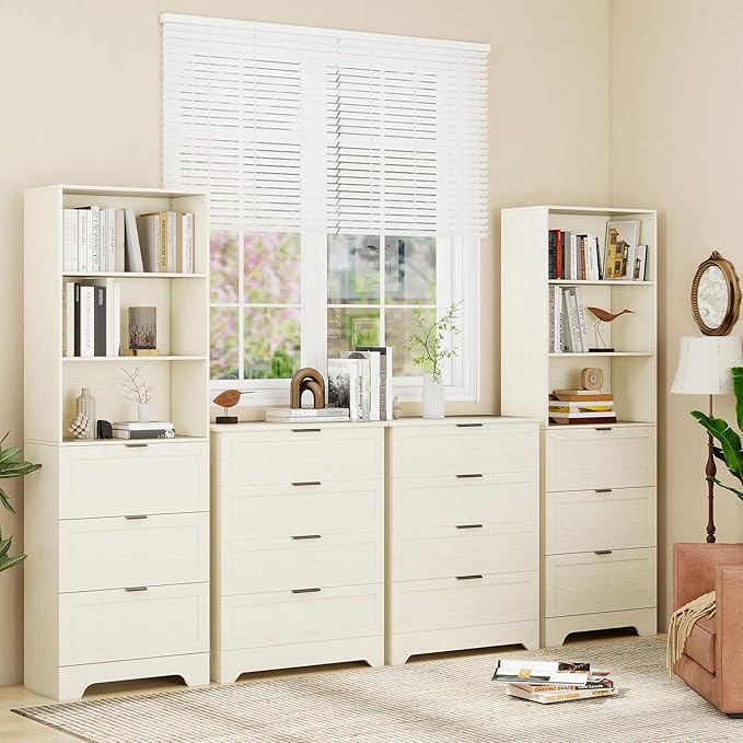 6 Tier Book Shelf with Drawers,White Farmhouse Display Bookshelf with Organizers and Storage,Free Standing Tall Bookshelf with Cabinet for Bedroom,Living Room, Office