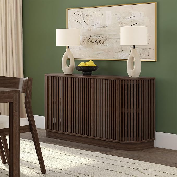 Plank+Beam Contour Wood TV Stand, Three Door Solid Wood Entertainment Console with Storage, 59" L x 16" W x 30" H, Walnut