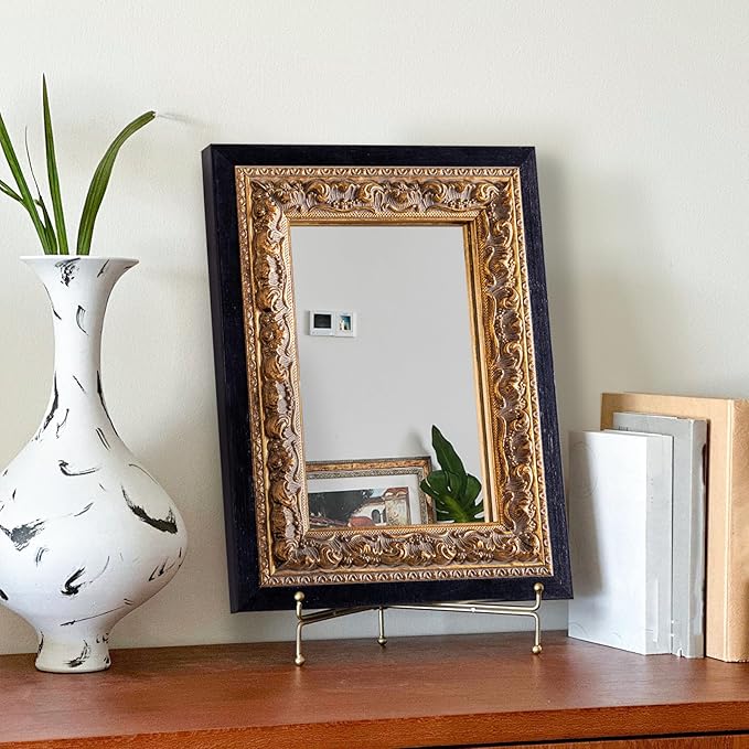 Small French Antique Mirror, 14”x11” Black Vintage Table Mirror for Vanity with Handmade Aging Foil Flower Petal Carvings Wooden Frame (Black and Gold, 14”x11”)