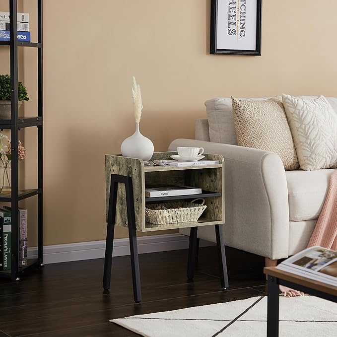 VECELO Night Stand Industrial End Table,Bedside Table with 2-Tier Open Storage Compartments for Bedroom, Living Room and Small Spaces