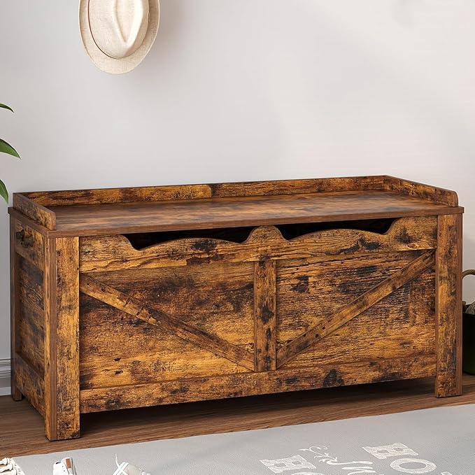 39.4" Storage Chest, Extra Large Storage Trunk with 2 Safety Hinges, Wooden Box Bench, Lift-Top Organizer Chest, Shoe Bench for Entryway, Bedroom, Living Room, Rustic Brown SB04501X