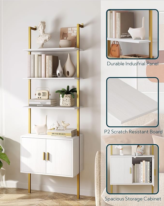 Yusong 73" Tall Bookshelf with Cabinet, Industrial Ladder Wall Mount Shelf Bookcase with Wood and Metal Frame, Plant Shelf Wall Storage Display for Living Room Bedroom, White Gold