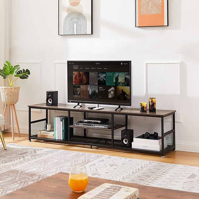 VECELO TV Stand for Televisions up to 80 Inch 70" Entertainment Center with Open Storage Shelves for Living Room/Bedroom, 3 Tiers Media Console Table Frame, 70 Inches, Brown+Metal