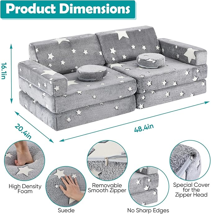 10Pcs Kids Play Couch,Toddler Sofa,Modular Kids Couch for Playing, Creativing, Sleeping (Luminous Color)