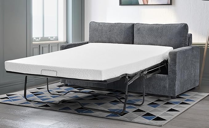 Reversible Sleeper Sofa Bed with Comfortable Memory Foam Mattress, Convertible Corduroy Full Size Pull Out Couch for Living Room, Space Saving Furniture, 70" Wide, Rectangular Arms, Grey