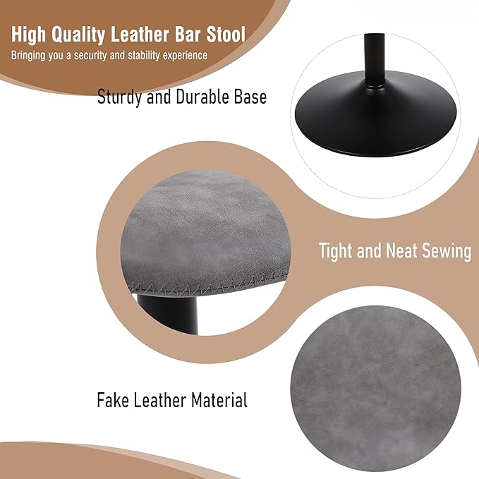 Bar Stools, Swivel Counter Height Barstools with Back, Adjustable Modern Bar Chairs, Tall Armless PU Leather Kitchen Island Stool (Grey, Set of 3)
