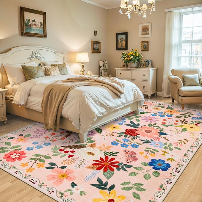 10x12 Area Rugs for Living Room: Floral Washable Rug Vintage Large Soft Boho Non-Slip Carpet Stain Resistant Low Pile Carpets for Bedroom Dining Room Farmhouse Nursery Hallway Home Office Beige