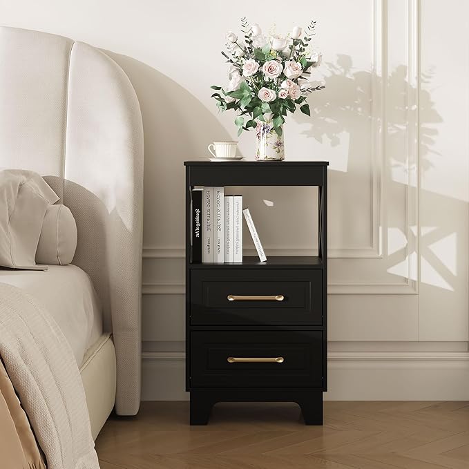 Tall Nightstand Set of 2 Side Table with 2 Drawers Modern Night Stand Wooden End Table Bedside Table with Upper Open Shelf Solid Feet for Bedroom, Living Room, Black