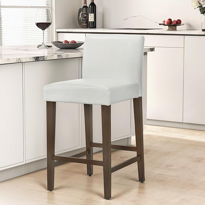 CHITA Counter Height Bar Stools Set of 3, 27" H Seat Height Upholstered Barstools, PU Leather in White
