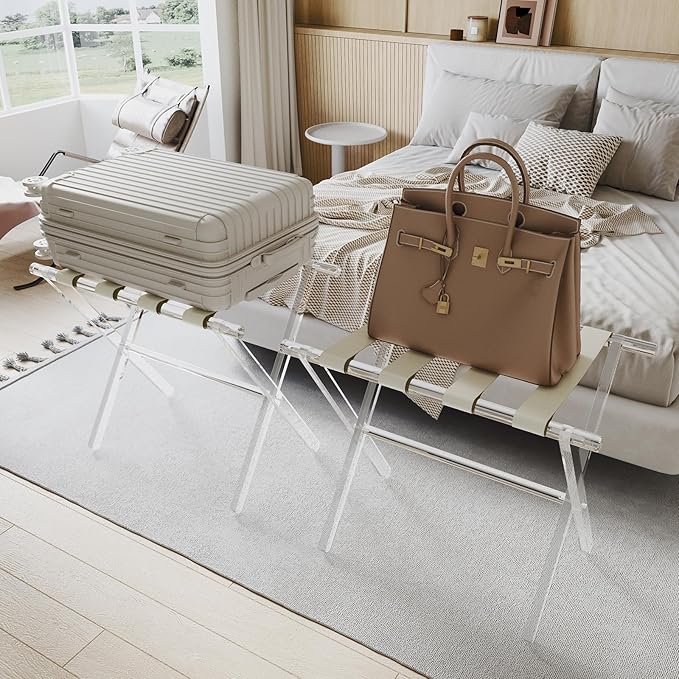 Sumerflos Acrylic Luggage Rack for Guest Room - Foldable Suitcase Stand with Leather Straps for Bedroom Living Room Hotel Heavy-Duty, Holds up to 50-100 lb lightweight Space Saving (Beige & Handle - 2 Pcs)