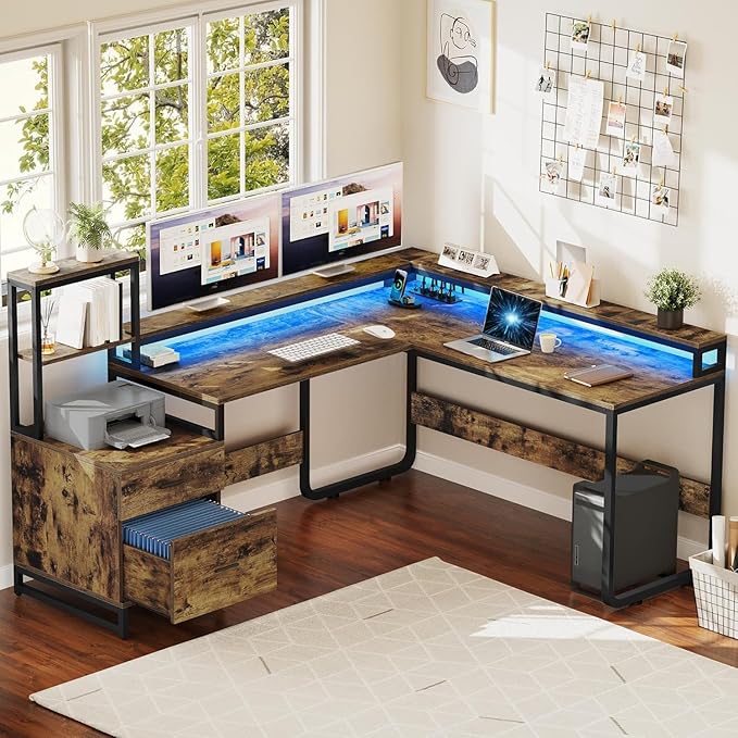 DWVO L Shaped Desk with Drawers, Reversible Computer Desk with Power Outlets, Corner Office Desk with Storage Shelves & LED Lights & Printer Stand, Rustic Brown