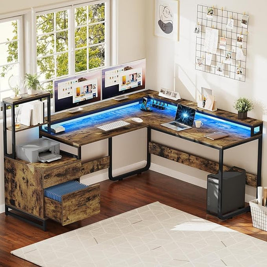 DWVO L Shaped Desk with Drawers, Reversible Computer Desk with Power Outlets, Corner Office Desk with Storage Shelves & LED Lights & Printer Stand, Rustic Brown