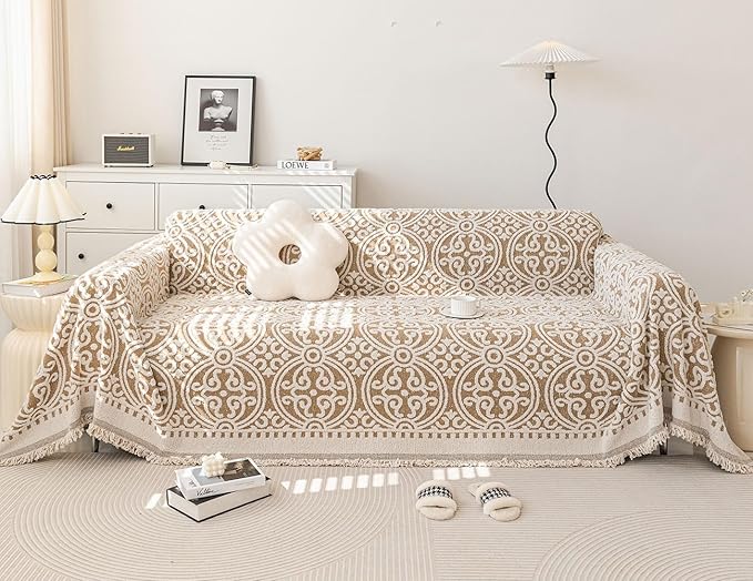 STACYPIK Modern Khaki Jacquard Couch Cover French Style L-Shape Sofa Protector for 3-Cushion Couch, Washable, Stain Resistant, 71x150IN