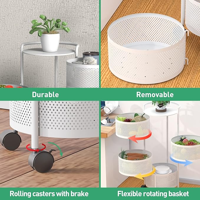 JAQ Rotating Storage Shelves Rack for Kitchen, 4-Tier Multi Layer Removable Basket Shelf Organizer on Rolling Wheels for Fruit Vegetable Grocery Corns Potato Onion (4-Tier, White)