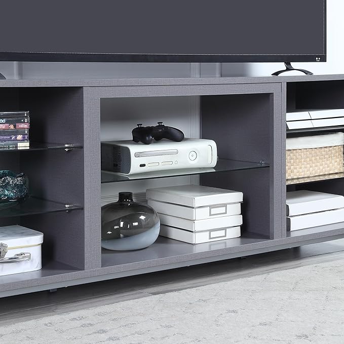 Manhattan Comfort Brighton 60" TV 7 Shelves, Tempered Glass Dividers and Media Wire Management, Modern Free-Standing Entertainment Center for Living Room, Fits up to 56" Television, OneSize, Grey