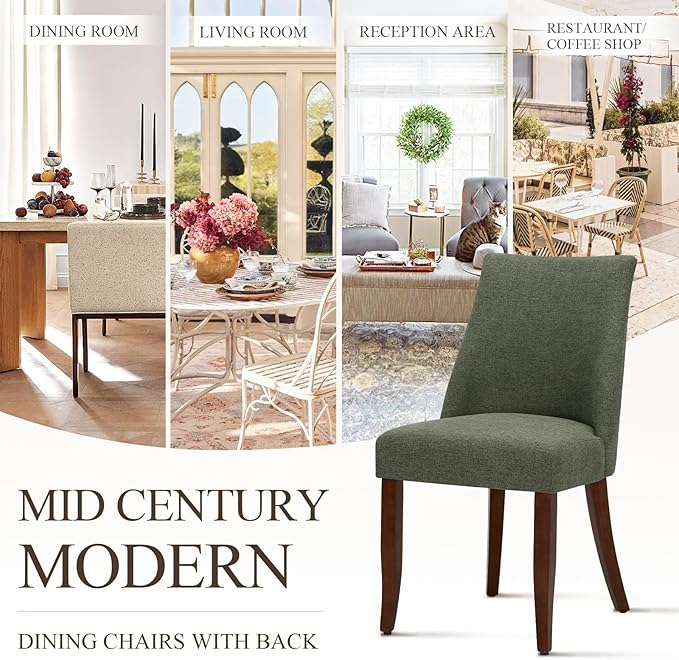 COLAMY Upholstered Dining Chairs Set of 4, Mid Century Modern Kitchen Chairs with Back, Farmhouse Fabric Side Dining Room Chairs with Wood Legs for Dining Room Restaurant, Green