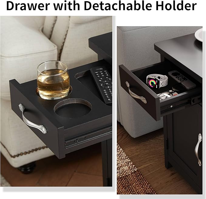 LINSY HOME End Table with Charging Station, Side Table for Bedroom with Drawer and Detachable Holder, Storage Shelf with Glass Door, Extra Storage & Display Space, Small Nightstand for Living Room