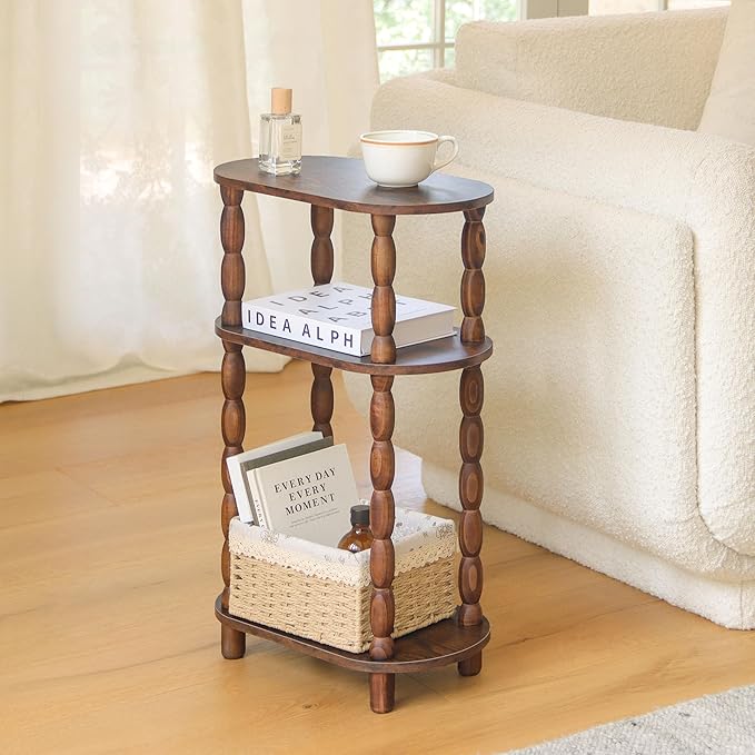 MaxSmeo Small Narrow Side Table, 3-Tier Narrow End Table with Storage, Skinny Side Table Nightstand for Small Space, Bedrooms, Living Room (Rustic Brown)