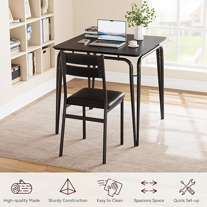 Dining Table Set for 2, Space-Saving Square 3-Piece Dinette with 2 Chairs, Modern Kitchen Furniture for Small Spaces & Apartments