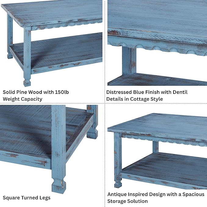 Rustic Rectangular Coffee Table, 42 in. W x 24 in. D x 18 in. H, Living Room Blue Antique, W/ (1) 36 in. W x 18 in. D x 10 in. H Shelf, Farmhouse/Cottage Style, Select Hardwood/Construction