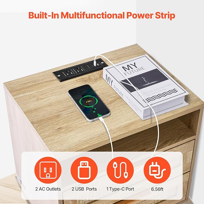 VEVOR Rattan Nightstand, Boho Bedside Table with Open Shelf 2 Drawers, End Table Nightstand with Solid Wood Legs, Rattan Bedside Table with Charging Station, for Bedroom