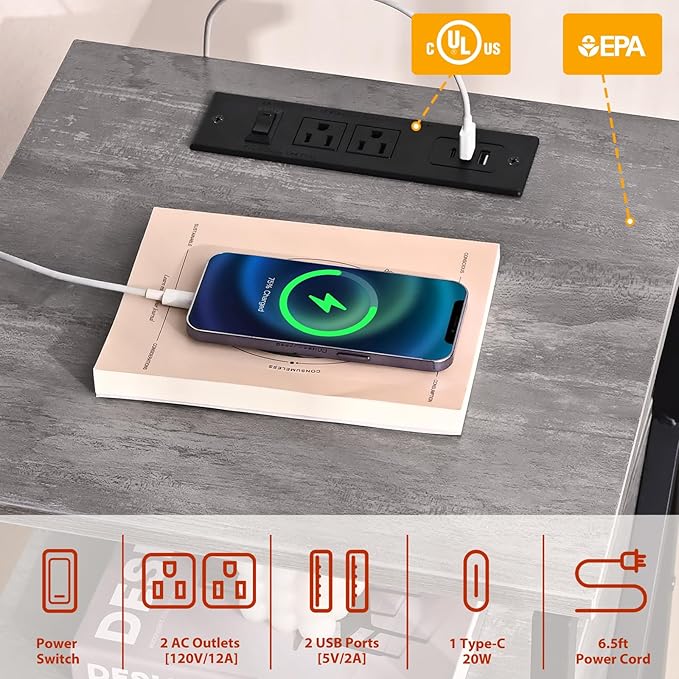 End Tables with Charging Station, Grey Charging Side Table Bedside Table with Outlets, Night Stands with Wood Drawer, Nightstand with Storage for Bedroom, Living Room